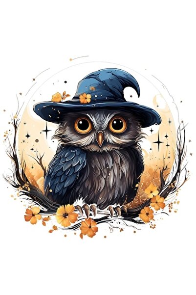 OEM Autocolant bufniță cu pălărie de vrăjitoare, flori, bordură albă, vinil P...