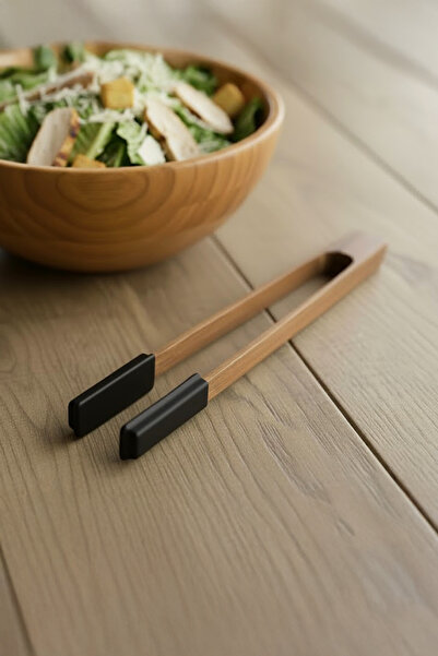 Kitchen Life Acacia Handle Silicone Tip Tongs Heat Resistant Serving and Toast Tongs