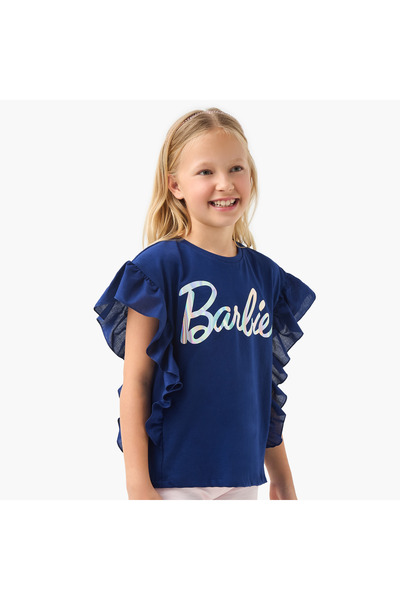 mattel Barbie Print T-shirt with Ruffle Detail