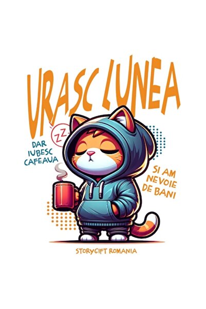 OEM Autocolant amuzant cu pisică somnoroasă și cană de cafea fierbinte — „Ură...