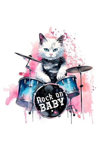 OEM Autocolant pisică bateristă „Rock on Baby” — Fundal roz, Vinil PVC, 23 cm