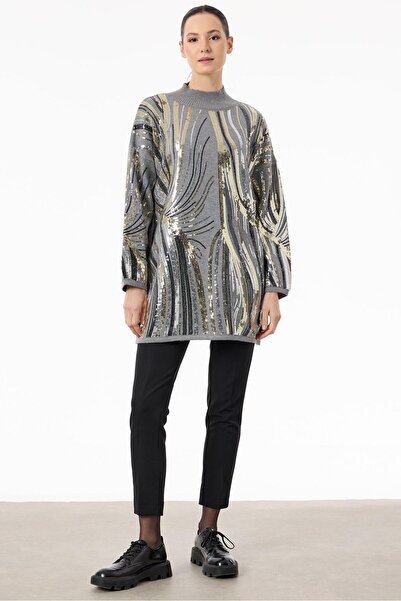 Tığ Triko Desenli ve Payetli Triko Tunik GRİ