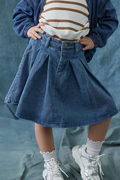 Tics Denim Pileli Etek - mavi