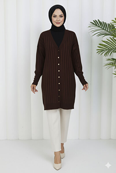 benguen Self-Stripe Long Mercerized Cardigan N3179 Brown