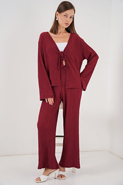 Hiccup Bdart Textured V-Neck Long Sleeve Blouse & Flare Pants Set