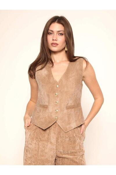 Coral Fitilli Kadife Yelek Ylk01245 Camel