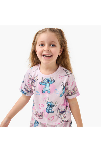 Disney All-Over Stitch and Angel Print T-Shirt with Short Sleeves