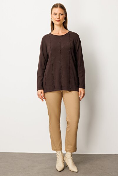 ON Women's Plus Size Self-Patterned Knitwear Sweater 65329 Brown