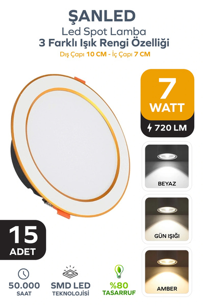 ŞANLED 7W 3 Renkli (Beyaz,Gün Işığı,ikisi Bir Arada) Beyaz Gold Led Spot Lamb...