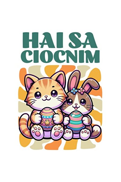 OEM Sticker with Orange Cat and Rabbit with Colored Eggs Pascal Text "Let's Clink" with White Edges, PVC