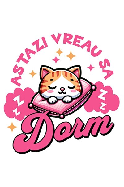 OEM Autocolant pisică portocalie pe pernă roz - „Astăzi vreau să dorm” PVC vi...