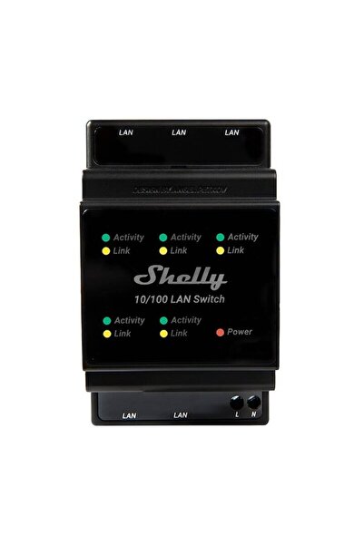 Shelly 5-port RJ45 Ethernet Switch, DIN-rail mounting, plastic, black, 96x53x59 mm