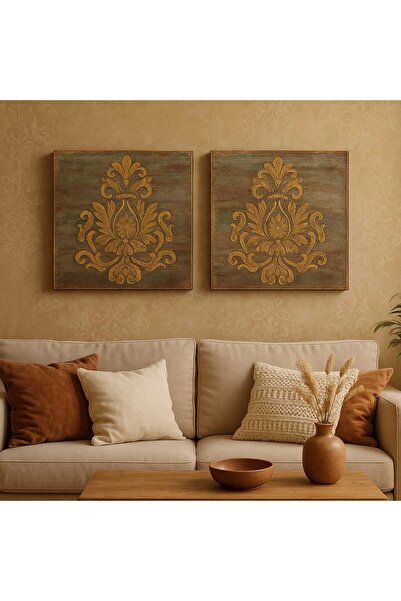 Tasarım El Yapımı Antik Eskitme Gold Rölyef Duvar Panosu/ Barok Desenli Dekoratif Ahşap Tablo