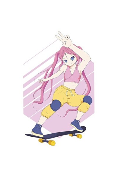 OEM Autocolant de skateboard cu anime girl, cu margini albe, vinil PVC, 28 cm