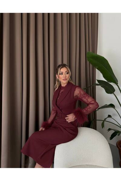 Siseniorita Rochie Midi Elegantă Dama, Cu Mâneci Transparente din Dantelă și Manșete cu Pene, Rever Tip Sacou