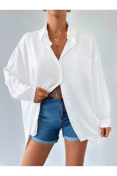 BORCKA TEKSTİL Beyaz Pamuklu Oversize Kadın Gömlek