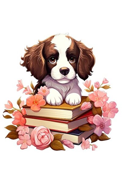 OEM Autocolant — ilustrație cu cățeluș pe o stivă de cărți, bordură albă, vin...