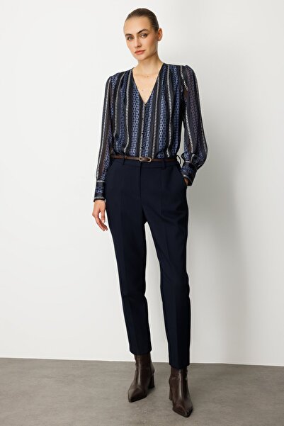 Ekol Beli Belted Skinny Leg Trousers Navy Blue 1013-26K