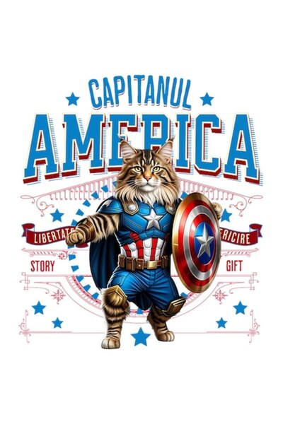 OEM Стикер за котка Мейн Куун в костюм на Капитан Америка с наметало, анимаци...