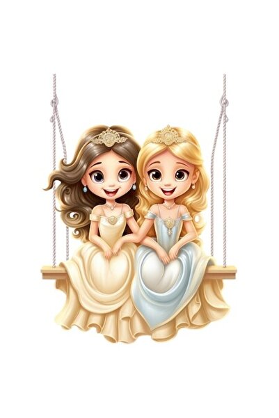 OEM Autocolant cu 2 prințese pe un leagăn, vinil PVC, bordură albă, 10 cm