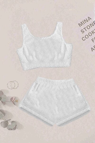 DREAM FASHION Single Color 1 Set- Sleeveless Suspender Plush Fleece Bottom Top White Set