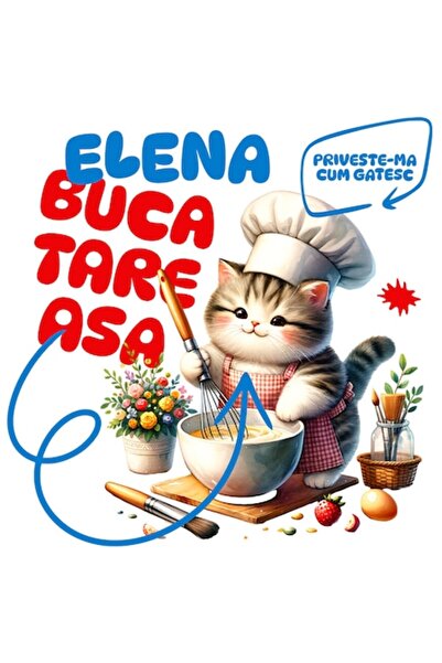 OEM Autocolant Pisică Pufoasă cu Pălărie de Bucătar, „Elena Bucătăreasa - Pas...