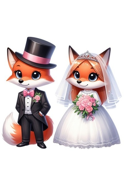OEM Autocolant cu vulpe mireasă și vulpe mire la nuntă, bordură albă, vinil P...