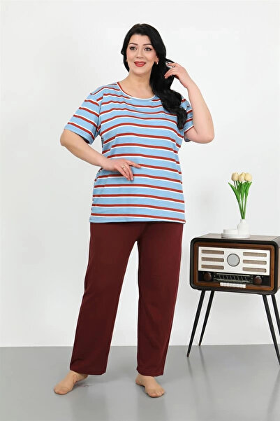 alfa expres Clothing Women's Plus Size Short Sleeve Combed Cotton Pajama Set Blue