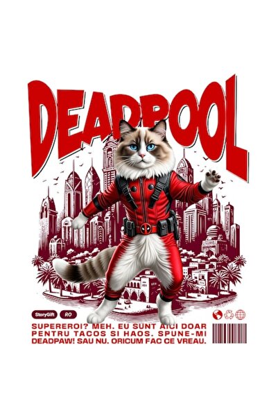 OEM Autocolant pisică Ragdoll în costum de Deadpool cu ​​pelerină, vinil PVC,...