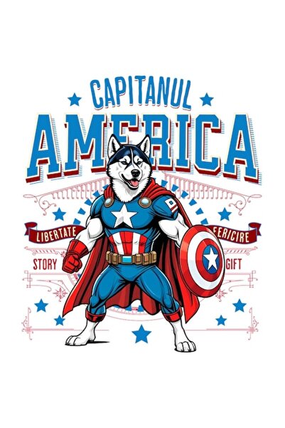 OEM Αυτοκόλλητο Siberian Husky με στολή Captain America και κάπα, βινύλιο, 15 cm
