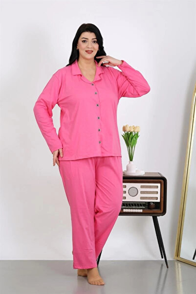 alfa expres Clothing Women's Plus Size Cotton Pocket Buttoned Pink Pajama Set
