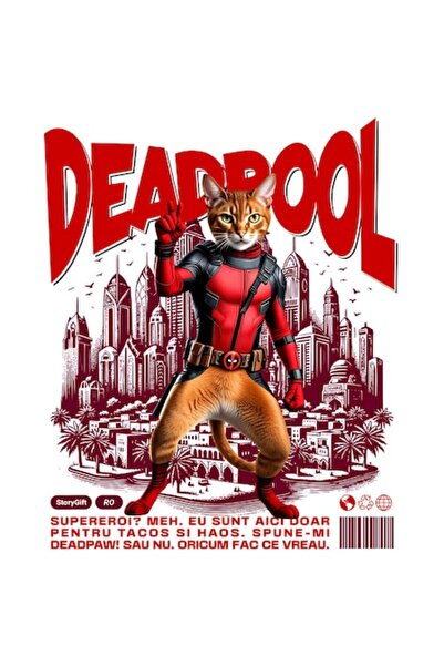 OEM Pisică abisiniană în costum de Deadpool cu ​​pelerină, autocolant din vin...