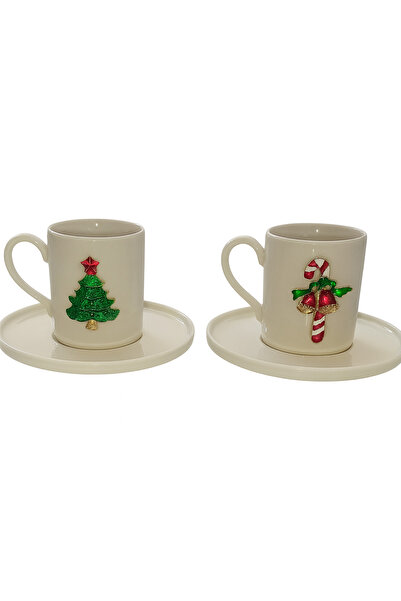 miras home 2-Person Derya Porcelain Coffee Set with Pine Tree and Walking Stick Accessories, New Year's Gift Cup