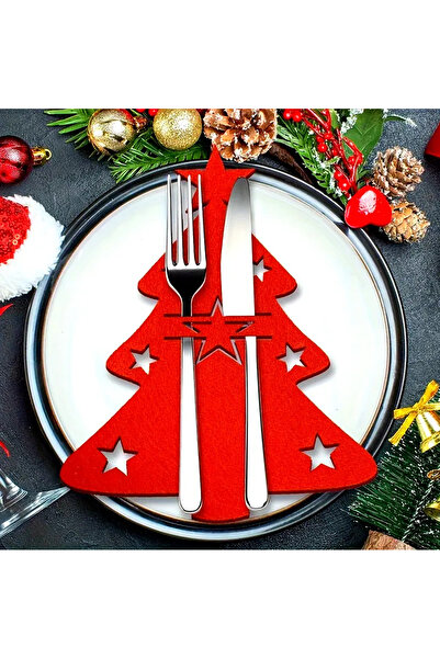 Probest DESIGN Yılbaşı Çam Ağacı Kırmızı Keçe Çatal Bıçak Tutucu, Yılbaşı Masası Dekoru, Şık Sofralar için.