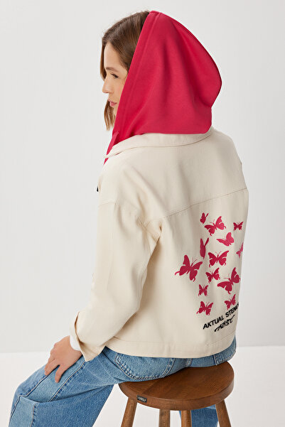 Lovelyİstanbul Contrast Color Embroidered Denim Jacket Lsa0019 Cream Pink