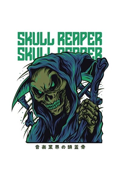 OEM Autocolant – Portret de craniu Reaper cu glugă albastră și coasă, bordură...