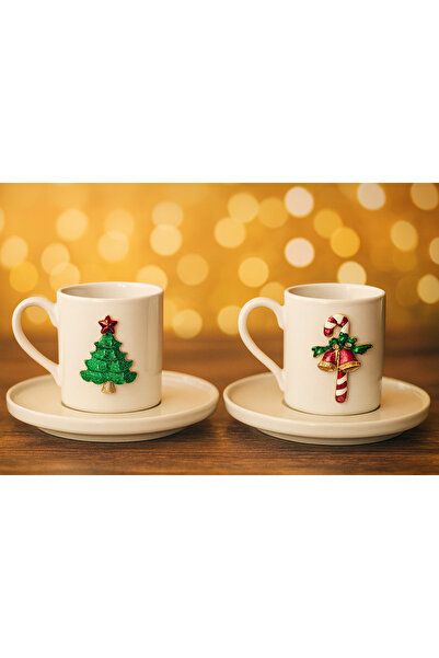 miras home 2-Person Derya Porcelain Coffee Set with Pine Tree and Walking Stick Accessories, New Year's Gift Cup
