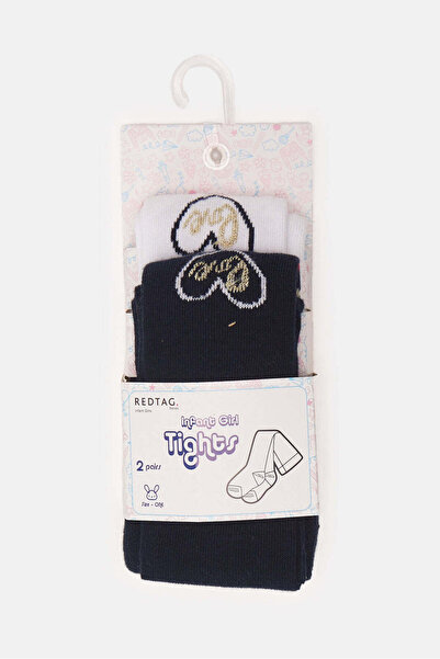 REDTAG Infant Girls White And Black Jacquard Tights Set (2 Piece)