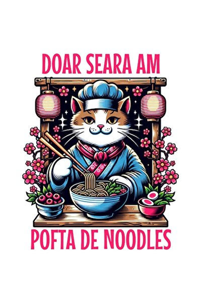 OEM Autocolant - Pisică în ținută asiatică cu flori roz, text „Doar noaptea p...