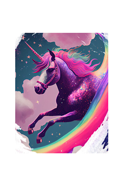 OEM Стикер "Еднорог в небето", Многоцветна дъга, Розови облаци, Блестящи част...