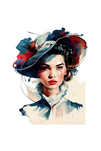 OEM Autocolant portret — fată cu pălărie albastră, buze roșii, păr șaten, țin...