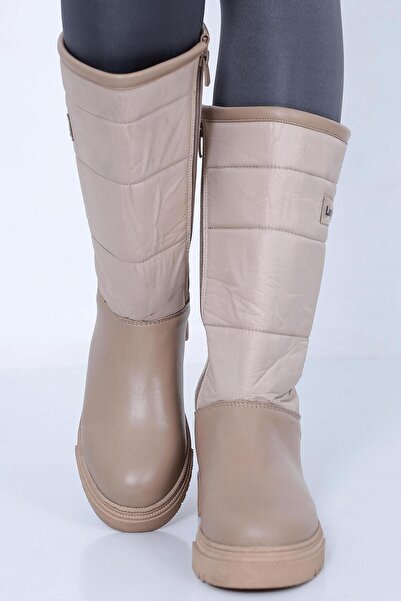 Raynok Cilt Fermuarlı Kalın Tabanlı Diz Altı Kadın Kar Botu Bej
