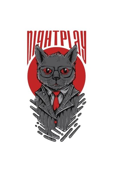 OEM Autocolant pisică — motan cu ochelari în costum, cravată roșie, text „Joc...