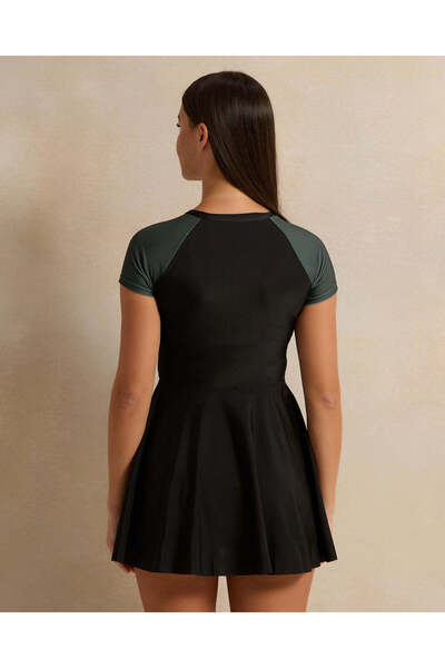 REDTAG Women Black Short Sleeve Zipper Front Swim Dress