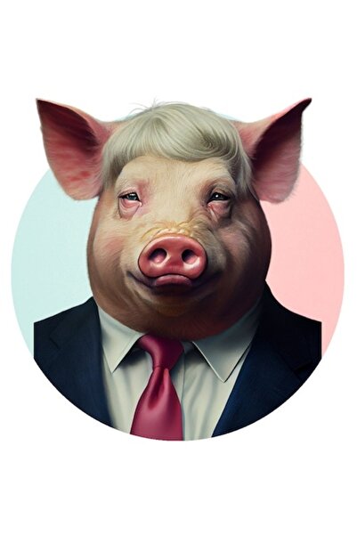 OEM Autocolant porc în costum cu perucă și cravată, bordură albă, vinil PVC 1...