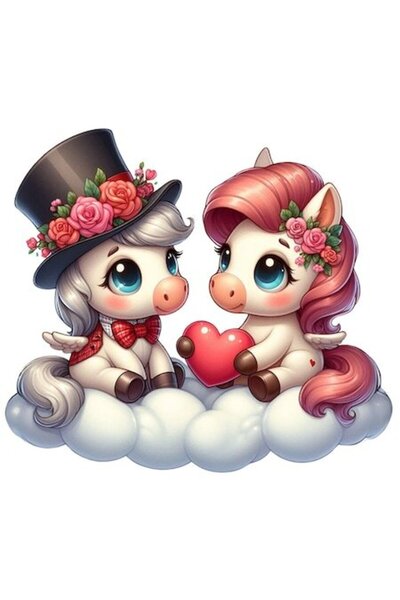 OEM Autocolant: ponei femelă și ponei pe un nor care țin o inimă, flori, Ziua...