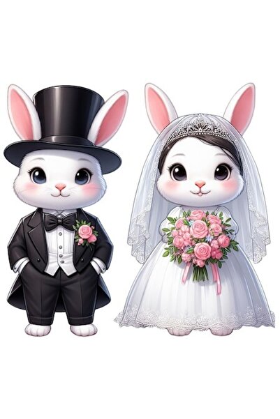 OEM Autocolant cu iepurași mire și mireasă, bordură albă, vinil PVC, 15 cm