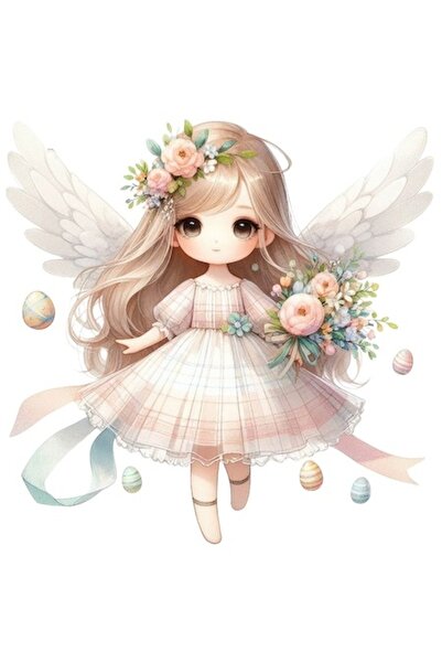 OEM Autocolant cu fetiță cu aripi de înger, flori și ouă pictate, bordură alb...