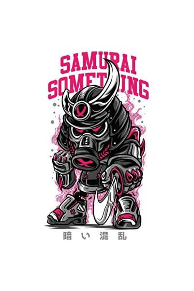 OEM Warrior Robot Sticker with Armor and Gas Mask, English Text 'Samurai Something, Assassin', White Bor