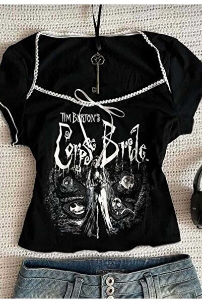 Genel Markalar Siyah Corpse Bride Dikiş Detaylı Kurdeleli Y2K Kısa Kollu Tam ...